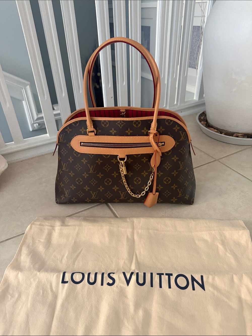 Louis Vuitton evermore MM with Natural Vachetta and Red Interior